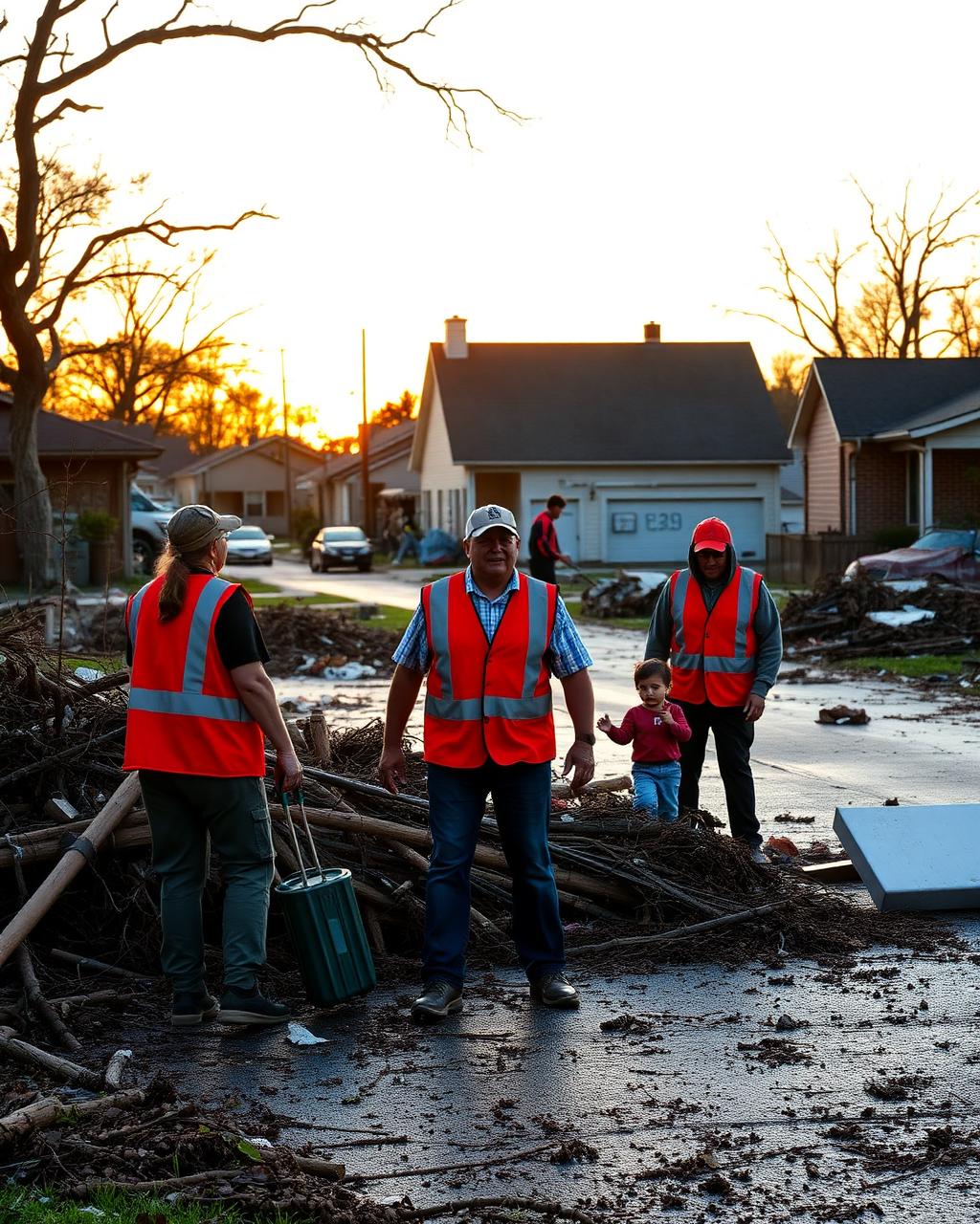 SOSTX volunteers in red vests clearing storm debris from a Texas neighborhood