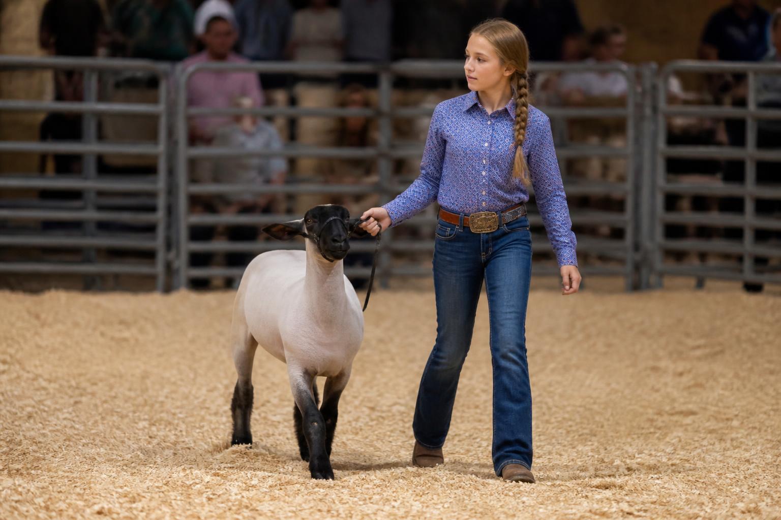 Young Texan girl walking her Suffolk show lamb in an arena